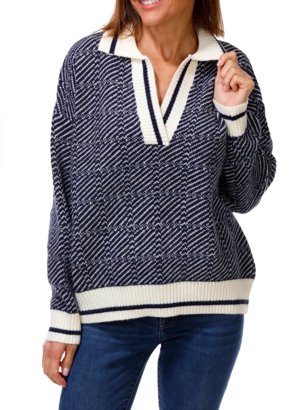 Blu Pepper Johnny Collar Knit Pullover Sweater Navy Cream L NWT